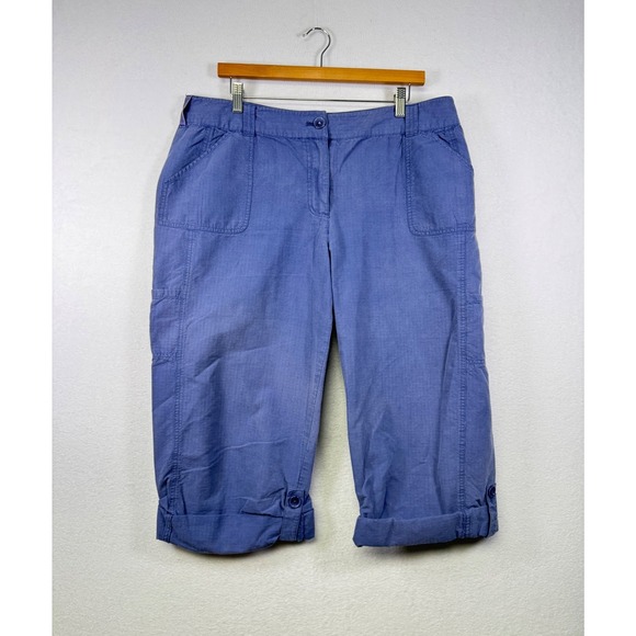 Preswick & Moore Pants - Sport Collection Women's Blue Herringbone Capris Size 10 Roll Tab Hem